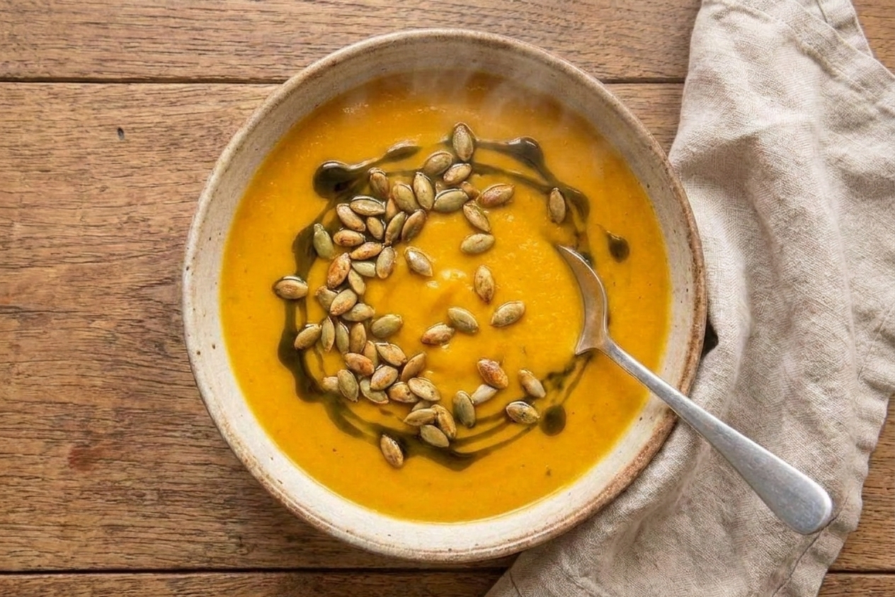 A steaming bowl of silky pumpkin soup topped with pumpkin seed oil and toasted pepitas on a wooden table with a spoon and linen napkin