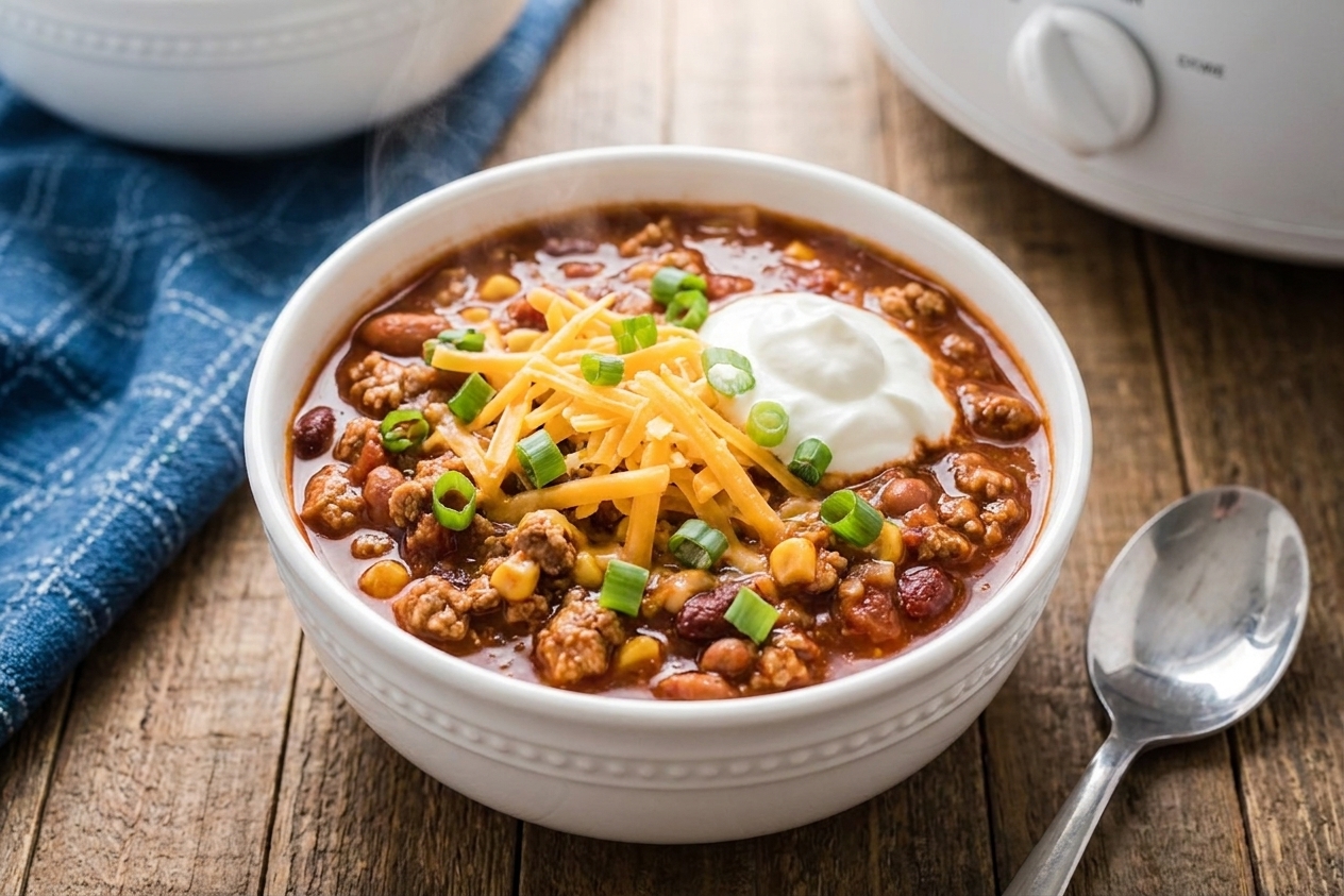 A steaming bowl of slow cooker turkey chili topped with shredded cheddar, sliced green onions, and a dollop of sour cream on a wooden table with a spoon nearby