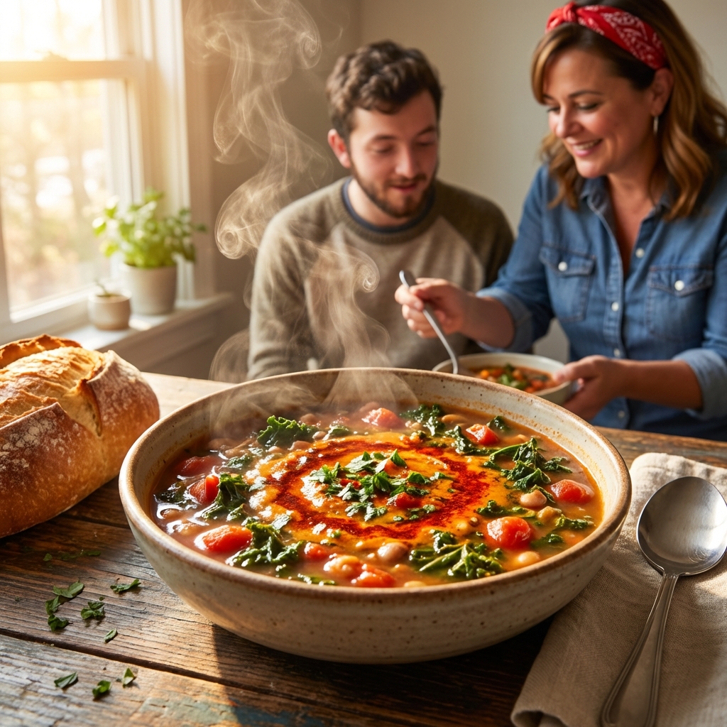 A steaming bowl of smoky bean stew with tomatoes and greens, finished with a swirl of paprika oil on a rustic wooden table in warm window light