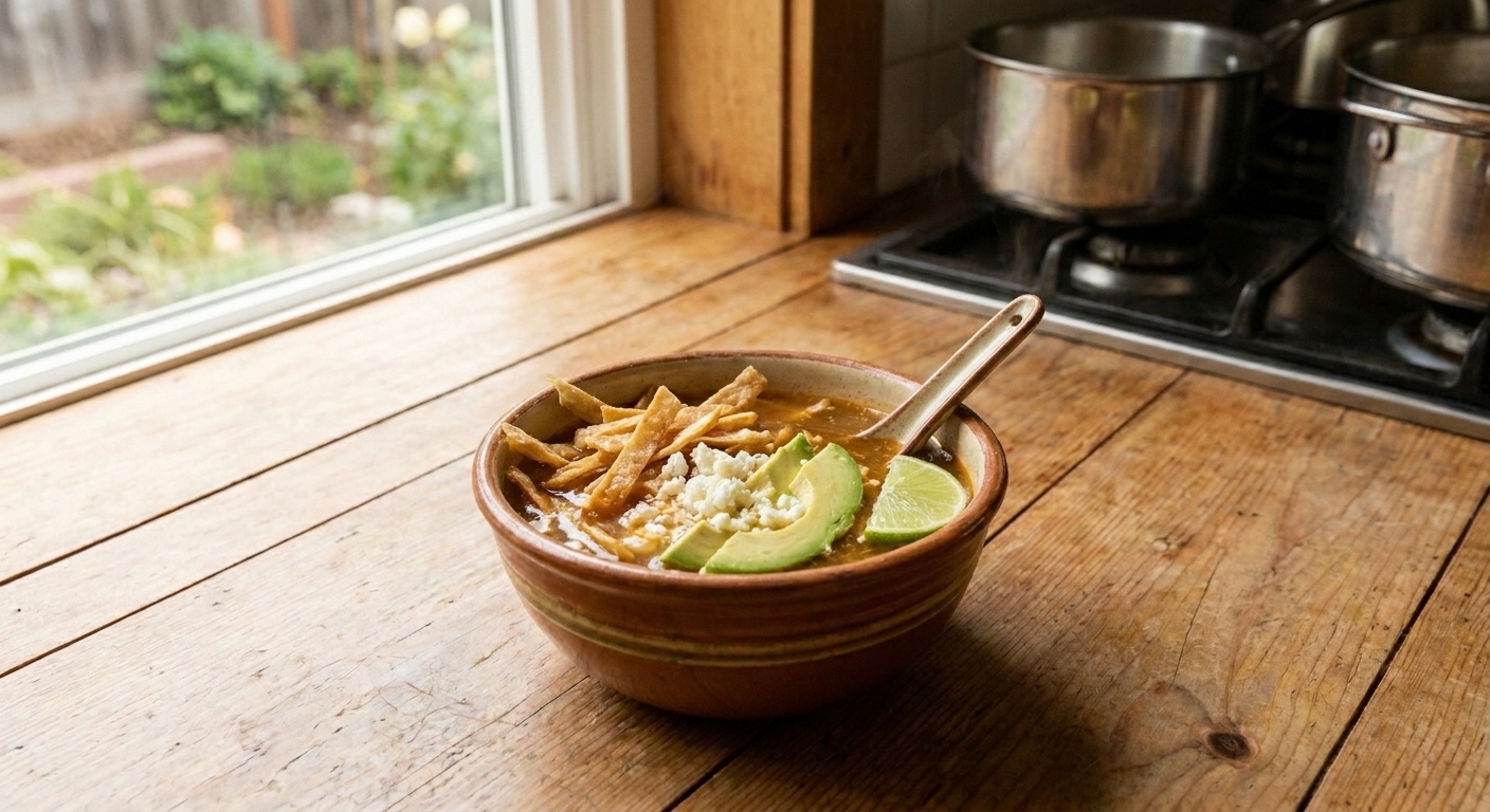 A steaming bowl of sopa de tortilla with crispy tortilla strips, avocado slices, crumbled queso fresco, and a lime wedge on a rustic table