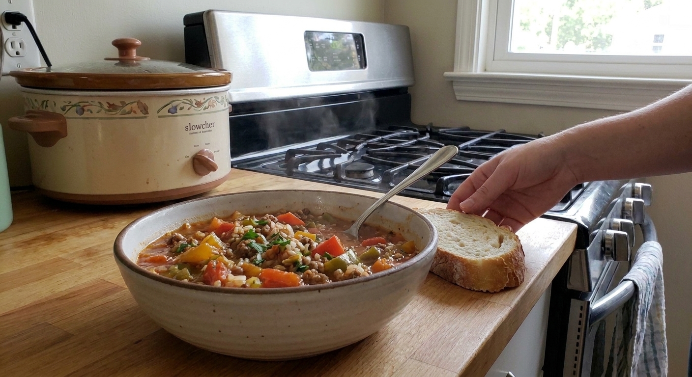 A steaming bowl of stuffed bell pepper soup with ground beef, rice, diced bell peppers, and herbs, served on a wooden table with a spoon and a slice of crusty bread