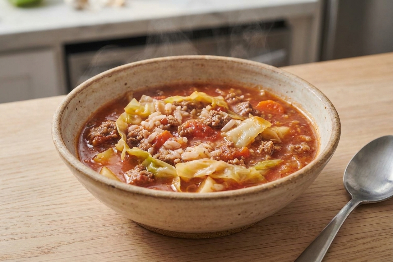 A steaming bowl of stuffed cabbage soup with visible pieces of cabbage, ground beef, rice, and carrots in a rich tomato broth on a wooden table with a spoon nearby