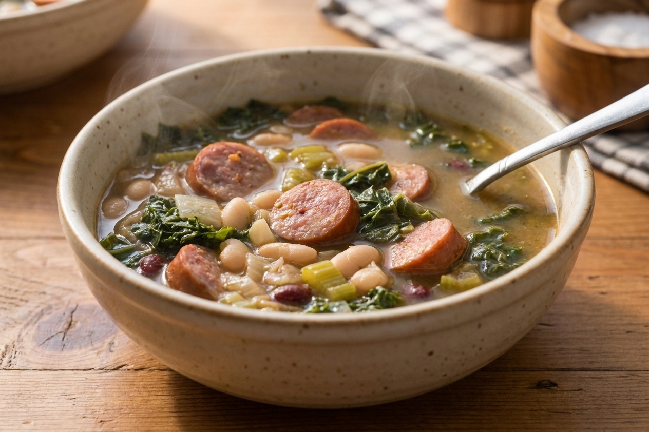 A steaming bowl of swamp soup with sliced sausage, white beans, and dark leafy greens in a ceramic bowl on a wooden table