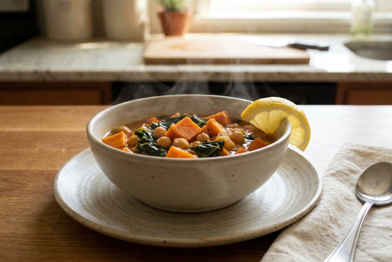 A steaming bowl of sweet potato and chickpea stew with wilted greens and a lemon wedge on a light stoneware table setting