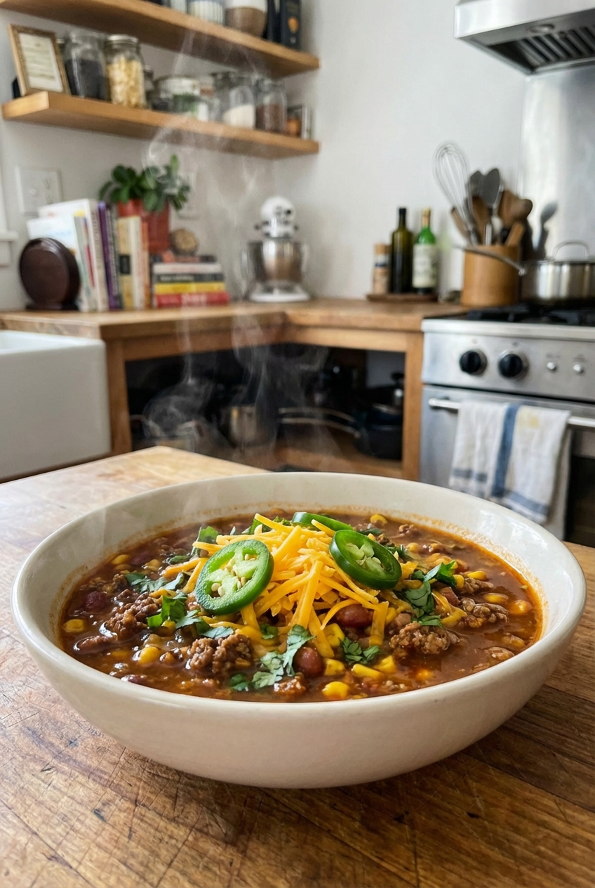 A steaming bowl of taco soup topped with shredded cheese, sliced jalapeños, and cilantro on a wooden table