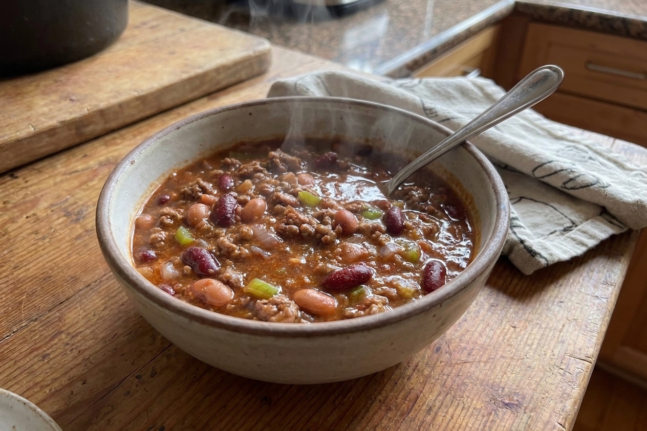 A steaming bowl of thick, tomato-forward chili with beans in a simple ceramic bowl on a cozy kitchen table with a spoon nearby