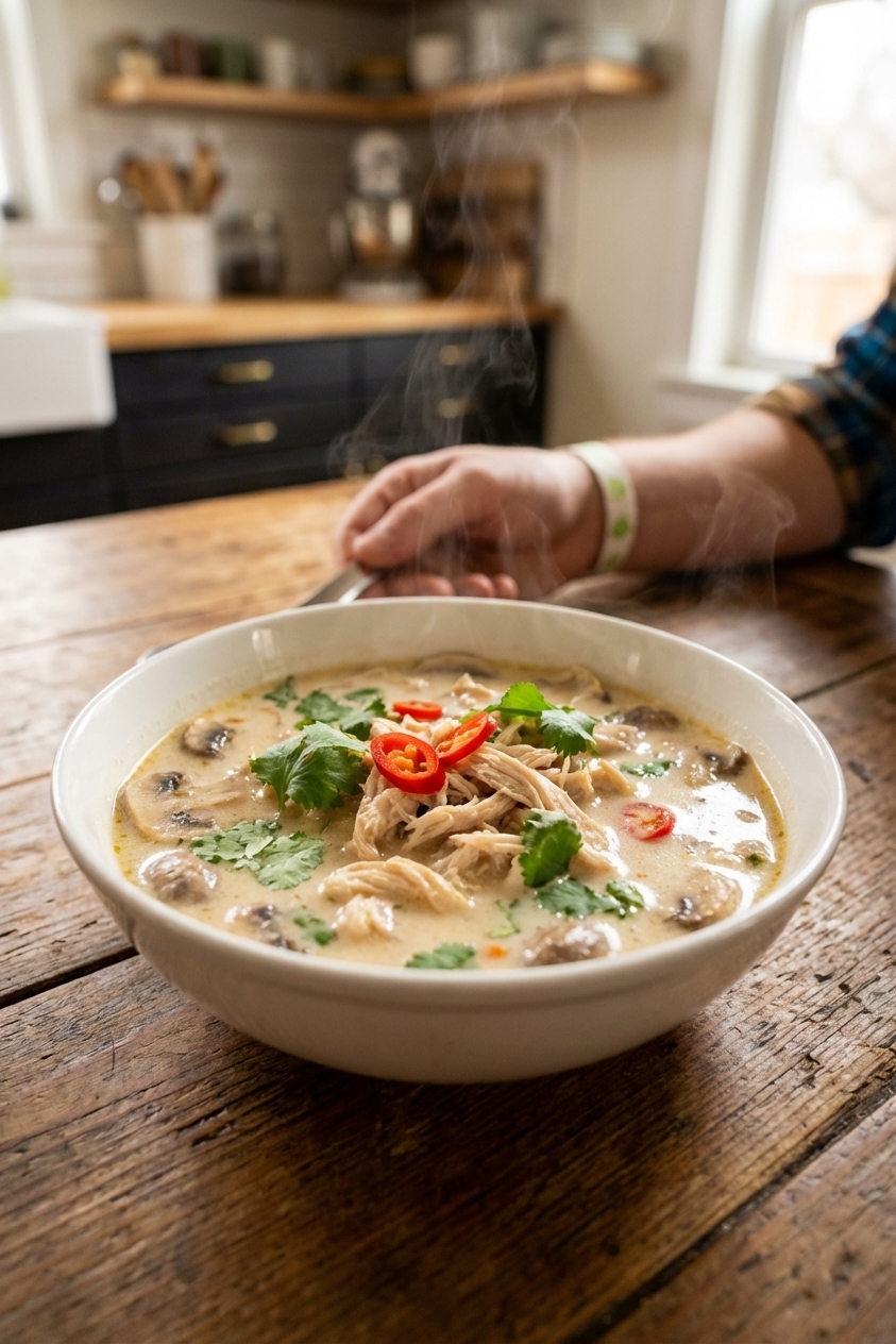 A steaming bowl of tom kha gai with shredded chicken, mushrooms, cilantro, and red chili slices in a creamy coconut broth on a wooden table