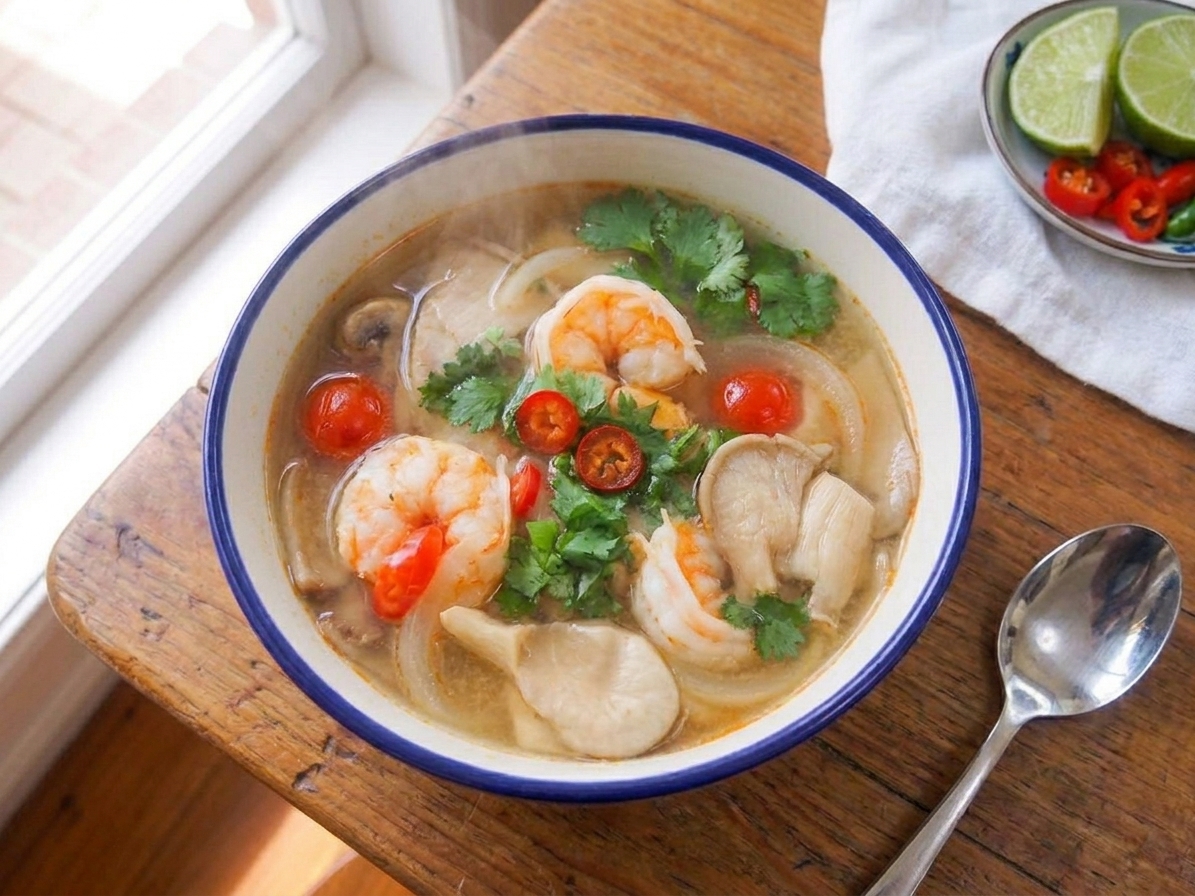 A steaming bowl of tom yum goong with shrimp, mushrooms, cilantro, and red chili slices on a wooden table with a spoon beside it