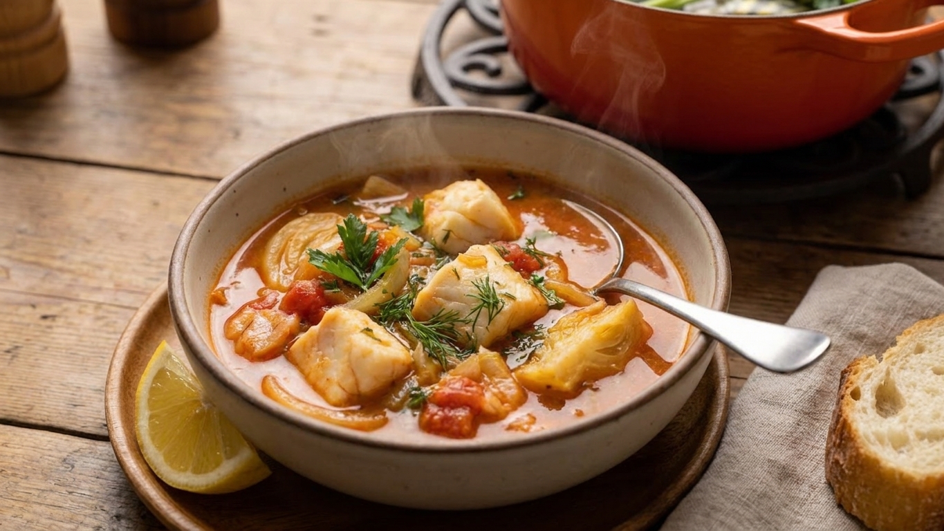 A steaming bowl of tomato-based fish soup with chunks of white fish, herbs on top, and a lemon wedge on the side on a simple wooden table setting