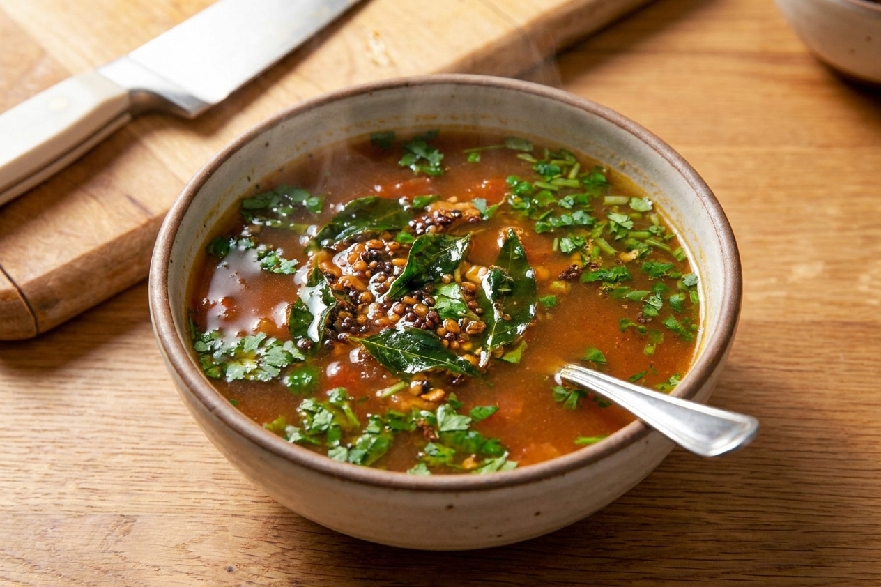 A steaming bowl of tomato rasam garnished with cilantro, with mustard seeds and curry leaves visible on top, set on a warm wooden table with a spoon