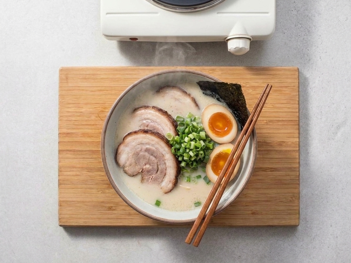A steaming bowl of tonkotsu ramen with milky pork broth, sliced chashu-style pork, jammy ramen egg halves, scallions, and nori on a wooden table with chopsticks