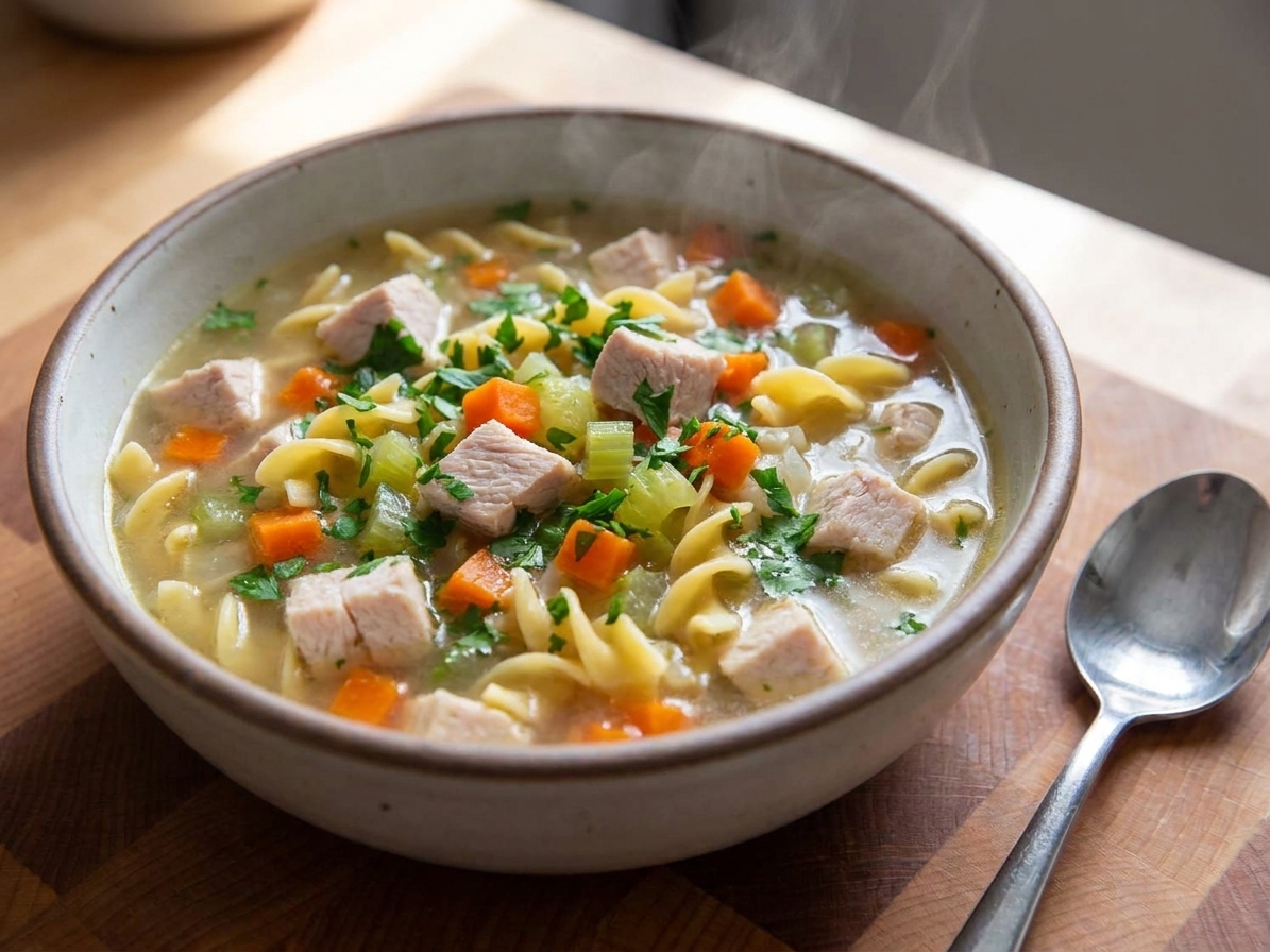 A steaming bowl of turkey noodle soup with egg noodles, carrots, celery, and fresh parsley on a wooden table with a spoon beside it