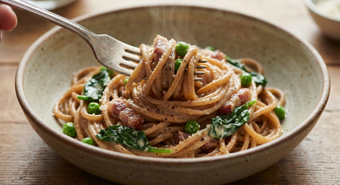 A steaming bowl of whole wheat spaghetti carbonara with peas and spinach, topped with grated Parmesan and cracked black pepper on a wooden table