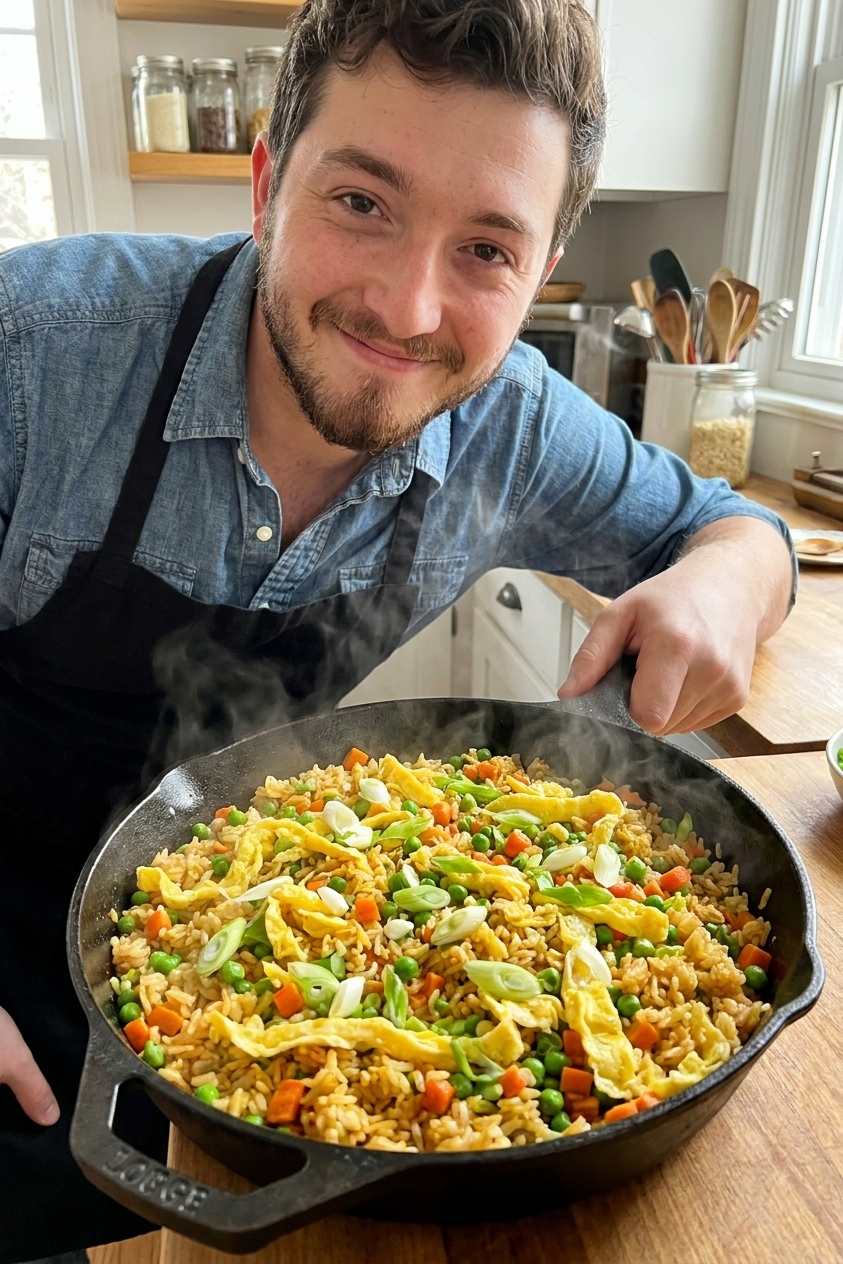 A steaming cast iron skillet filled with golden fried rice, peas, carrots, scrambled egg ribbons, and sliced green onions on a kitchen counter, natural light, real food photography