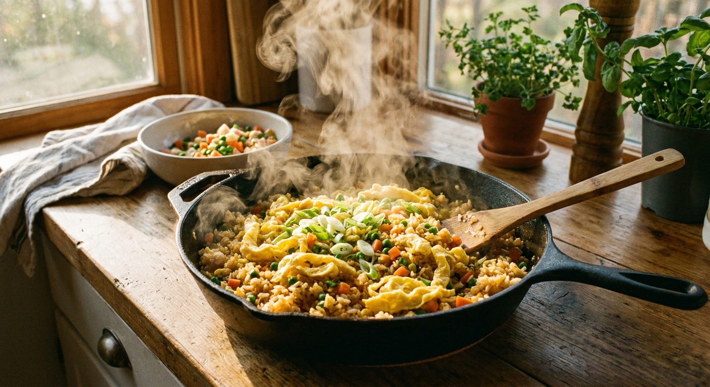 A steaming cast iron skillet filled with golden fried rice, scrambled egg ribbons, peas, carrots, and sliced green onions, photographed on a kitchen counter in warm natural light