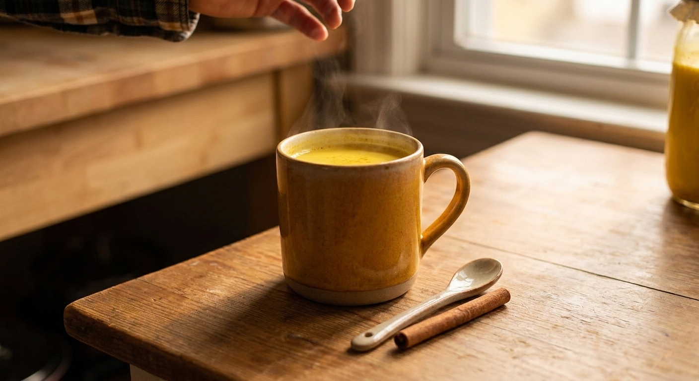 A steaming ceramic mug of golden turmeric milk on a wooden kitchen table with a small spoon and a cinnamon stick nearby, warm natural window light