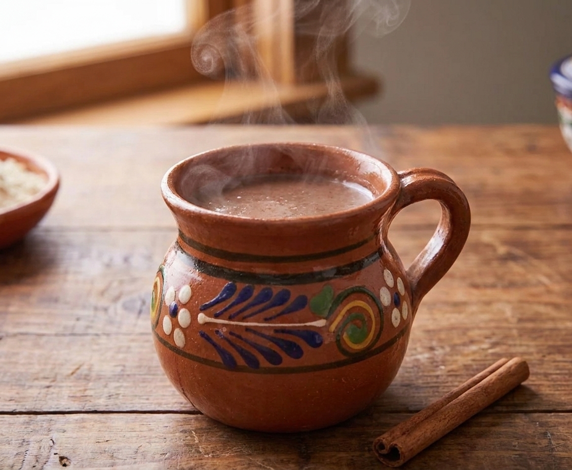 A steaming clay mug of creamy Mexican atole on a wooden table with a cinnamon stick beside it, warm kitchen lighting