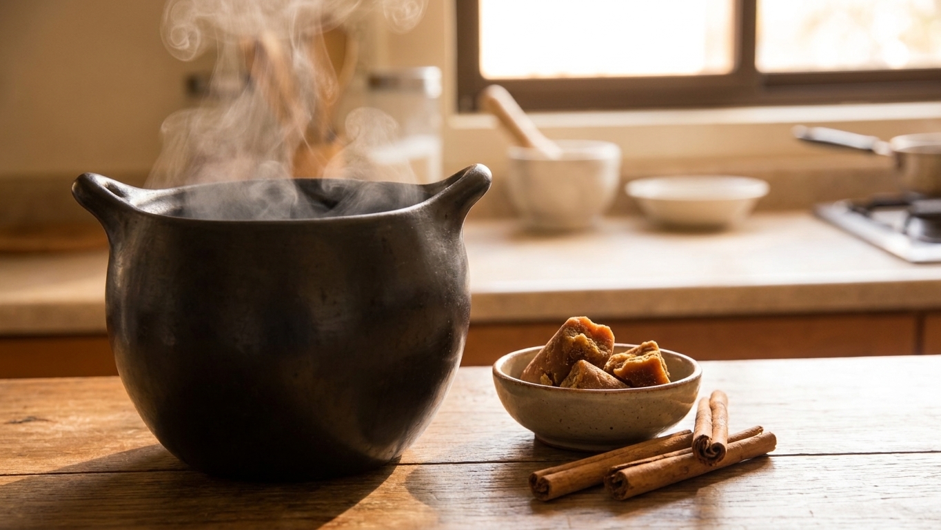 A steaming clay pot of cafe de olla on a warm kitchen counter, with cinnamon sticks and a small bowl of piloncillo nearby, morning light