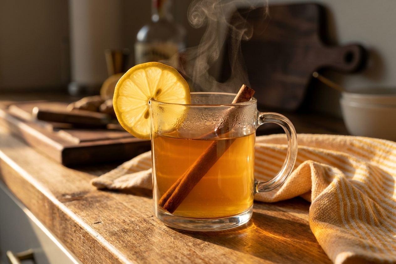 A steaming hot toddy in a clear glass mug with a lemon wheel and cinnamon stick on a wooden kitchen counter under warm evening light