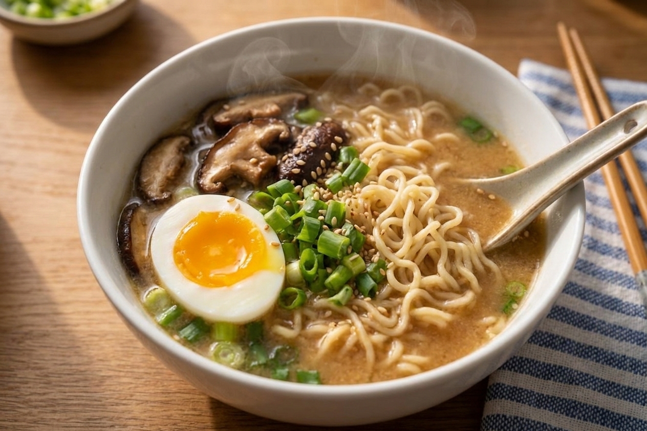 A steaming miso ramen bowl with springy noodles, a jammy soft-boiled egg, sautéed mushrooms, scallions, and sesame seeds on a wooden table in warm natural light