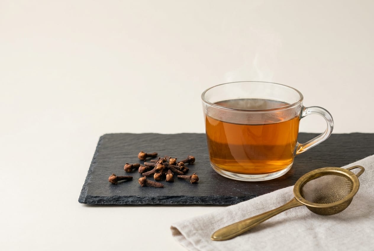 A steaming mug of clove tea on a wooden kitchen table with visible whole cloves and a small cinnamon stick nearby, warm natural window light