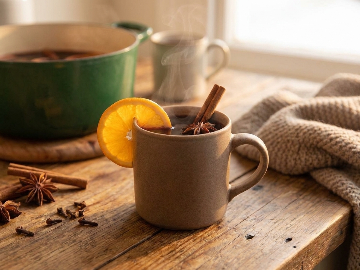 A steaming mug of deep red glühwein garnished with an orange slice and cinnamon stick on a wooden table, warm kitchen lighting