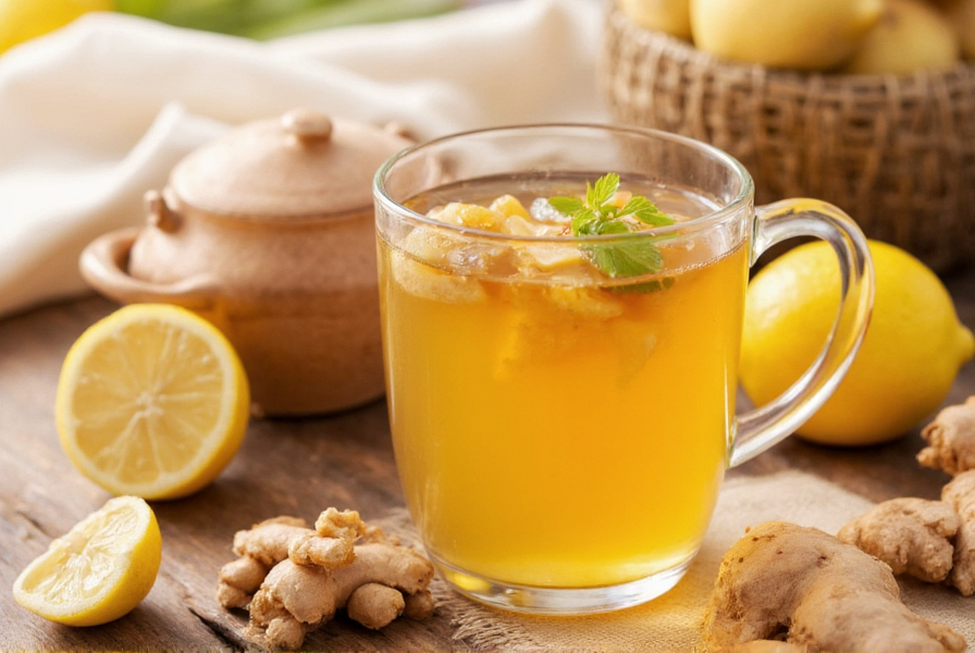 A steaming mug of homemade ginger tea with lemon slices and fresh ginger on a wooden cutting board in warm window light