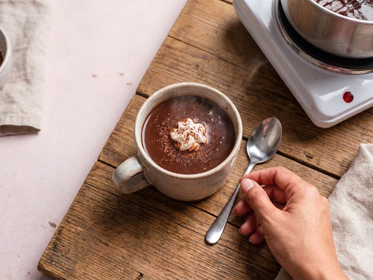 A steaming mug of homemade hot chocolate topped with a small swirl of whipped cream on a wooden kitchen table with a spoon beside it