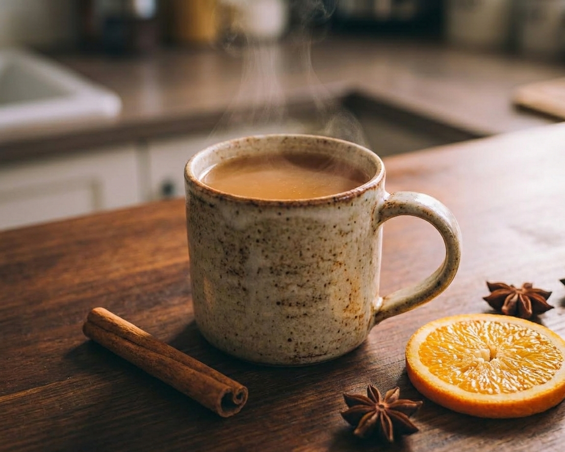 A steaming mug of mulled apple cider on a wooden kitchen table with a cinnamon stick and orange slice beside it