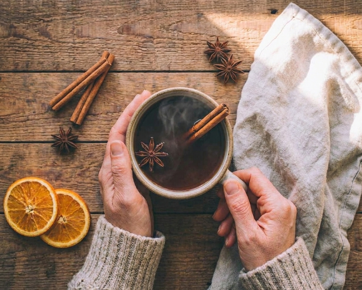 A steaming mug of spiced apple cider on a wooden kitchen counter with cinnamon sticks and orange slices nearby in warm natural light