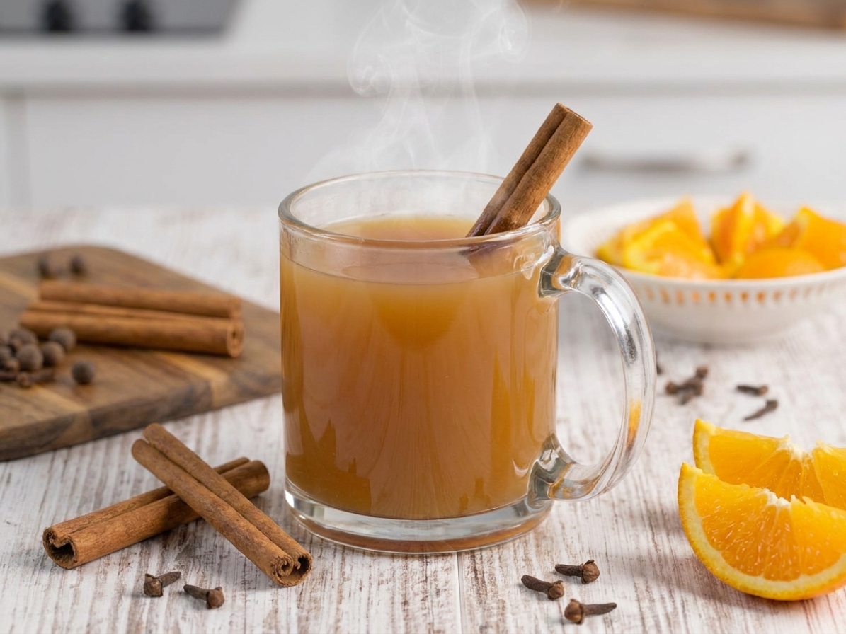 A steaming mug of spiced apple cider on a wooden kitchen counter with cinnamon sticks and orange slices nearby