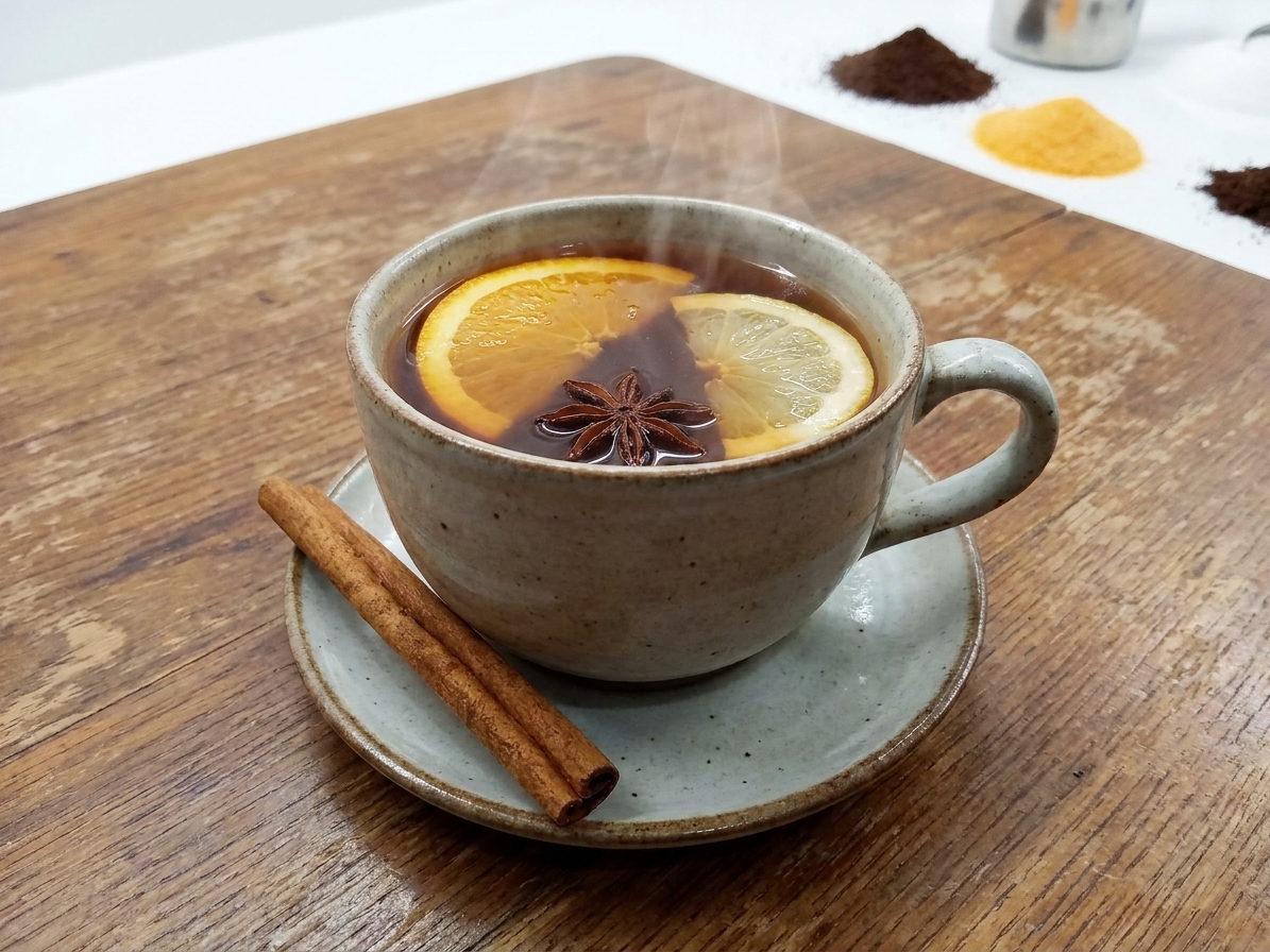 A steaming mug of spiced citrus tea on a wooden table with a cinnamon stick resting on the saucer
