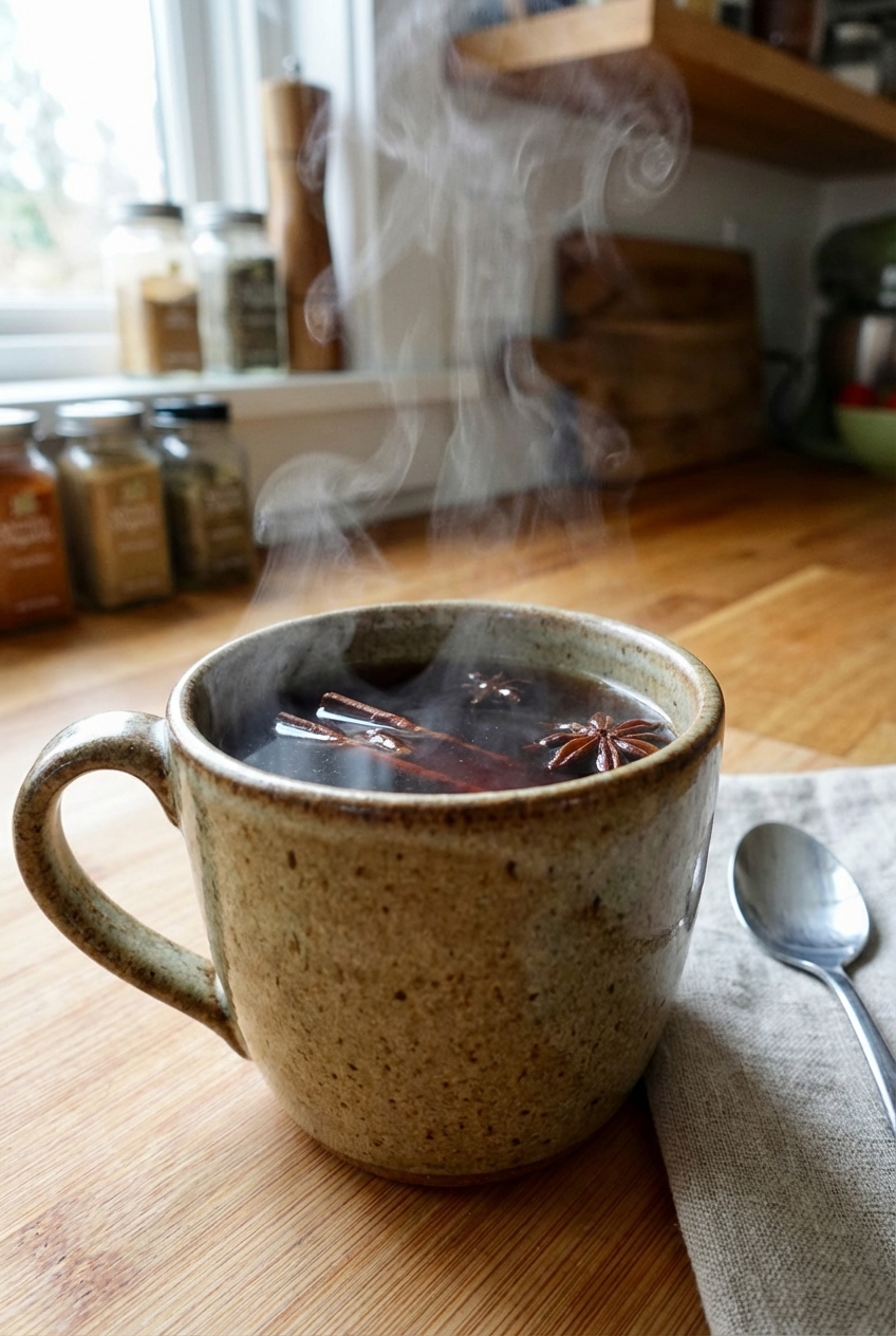 A steaming mug of spiced tea on a countertop