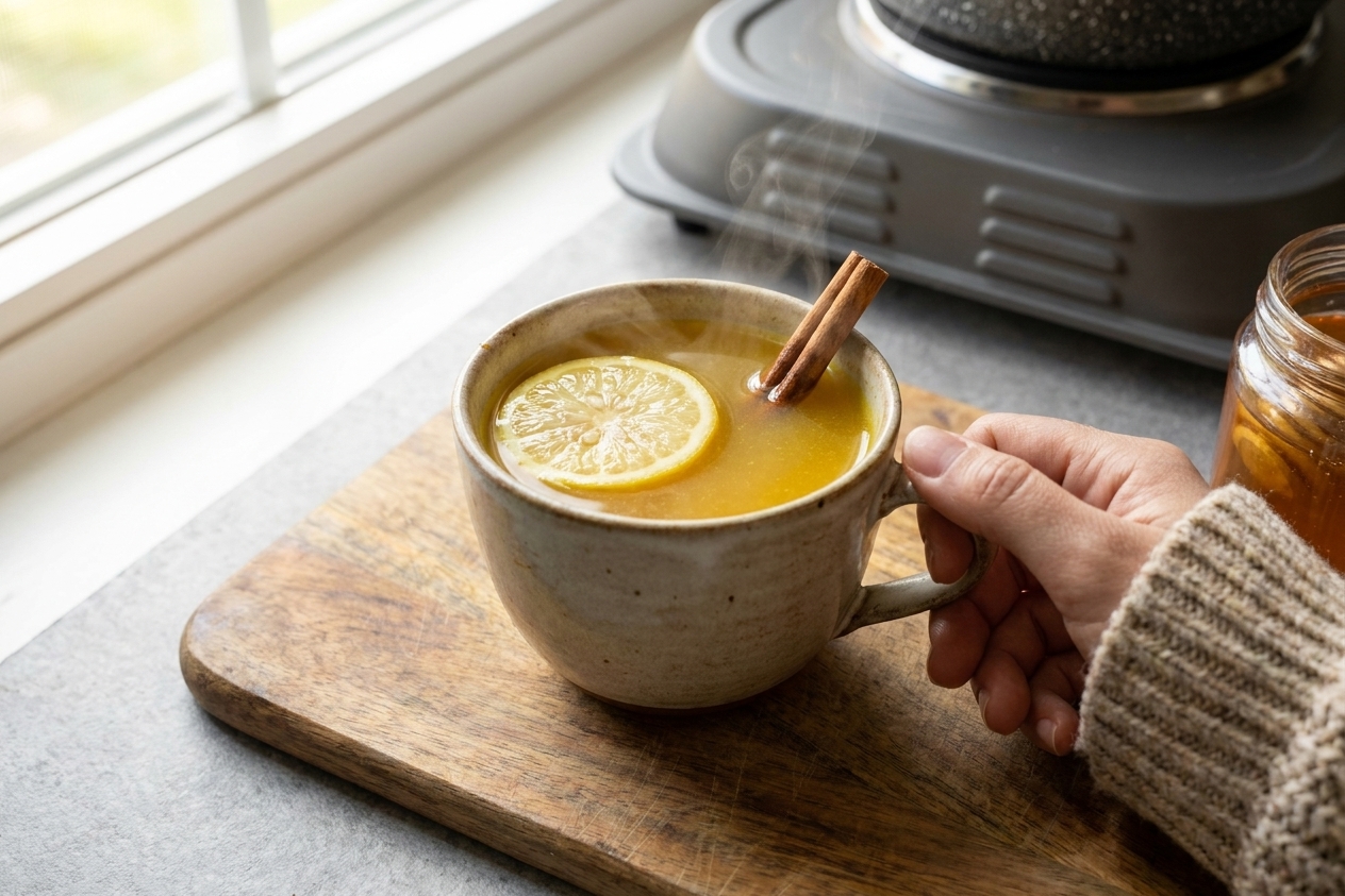 A steaming mug of turmeric tea with visible lemon slices and a cinnamon stick on a warm-toned kitchen counter, soft natural window light