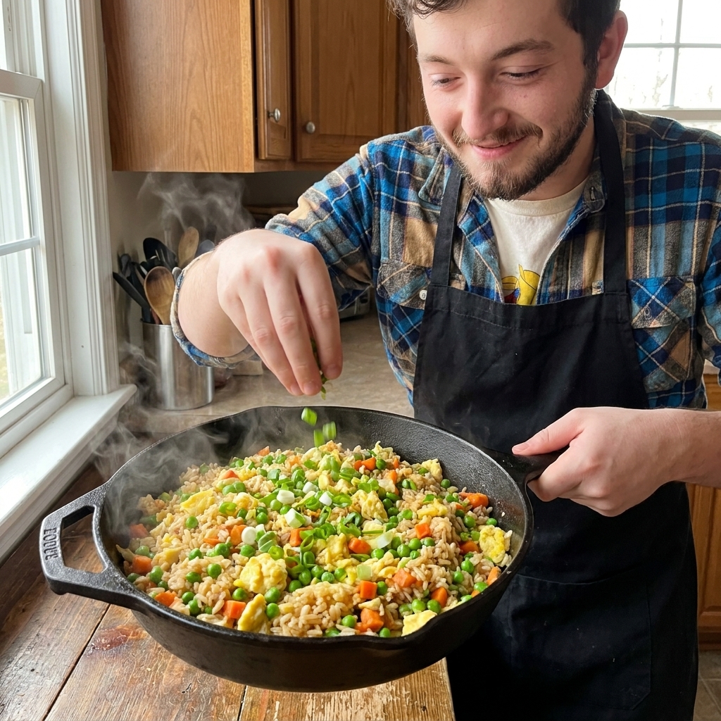 A steaming pan of homemade fried rice with peas, carrots, scrambled egg, and green onions in a dark skillet on a wooden counter, natural kitchen light