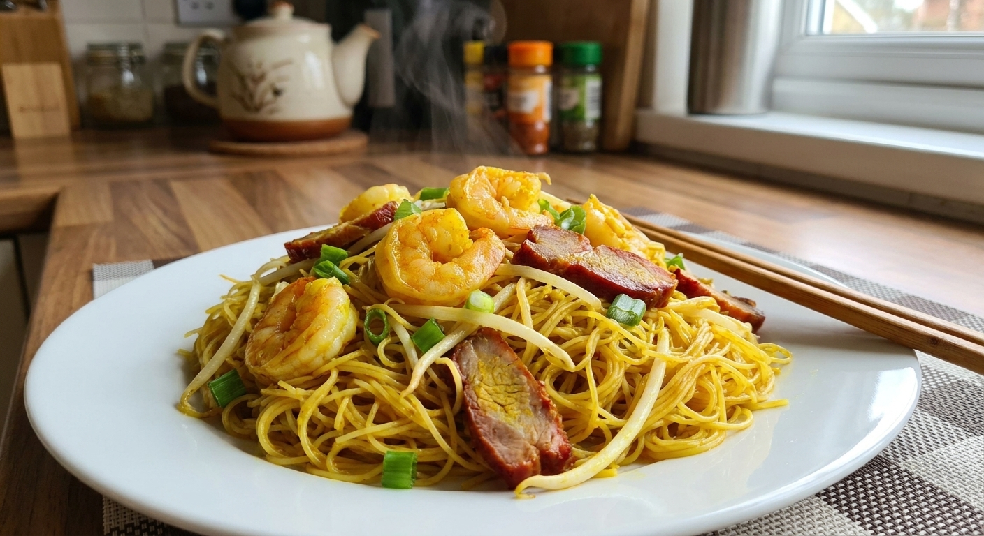 A steaming plate of Cantonese takeout style Singapore curry noodles with rice vermicelli, pink shrimp, sliced char siu, bean sprouts, and scallions in warm yellow curry sauce, photographed on a kitchen counter