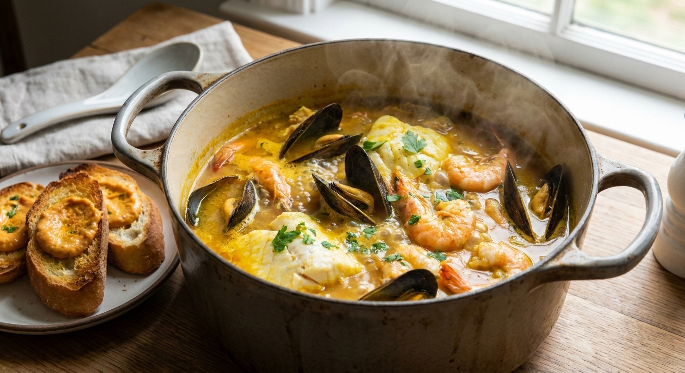 A steaming pot of classic bouillabaisse with saffron-tinted broth, mussels, shrimp, and chunks of white fish, served with toasted bread on the side, natural light food photography