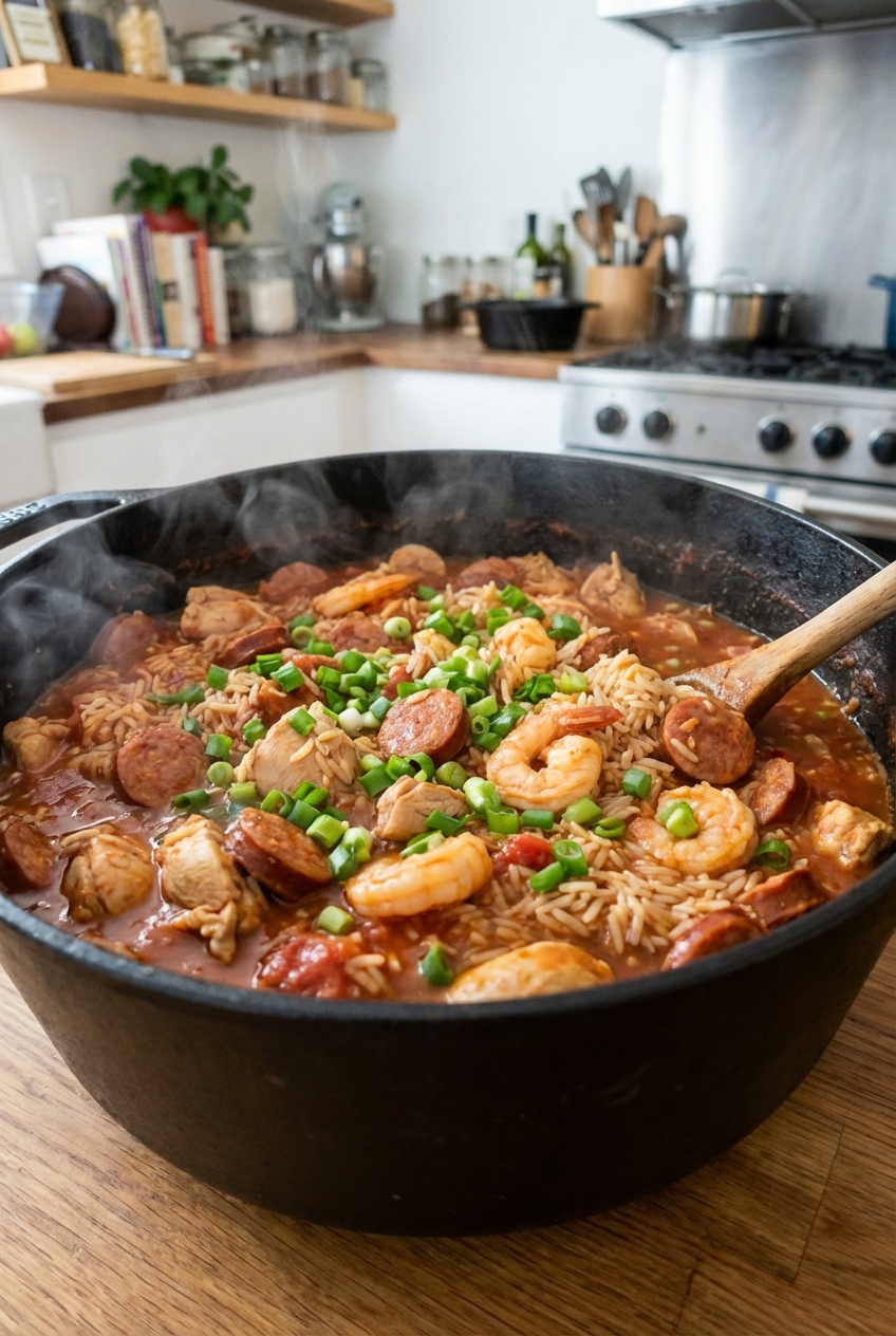 A steaming pot of classic jambalaya with chicken, sliced sausage, shrimp, and rice, garnished with chopped green onions on a kitchen counter