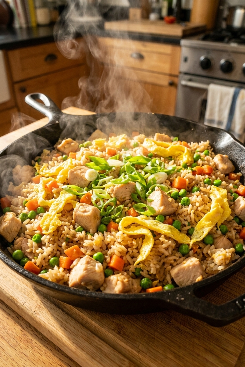 A steaming skillet of chicken fried rice with peas, carrots, scrambled egg ribbons, and sliced green onions on top, photographed in warm kitchen light