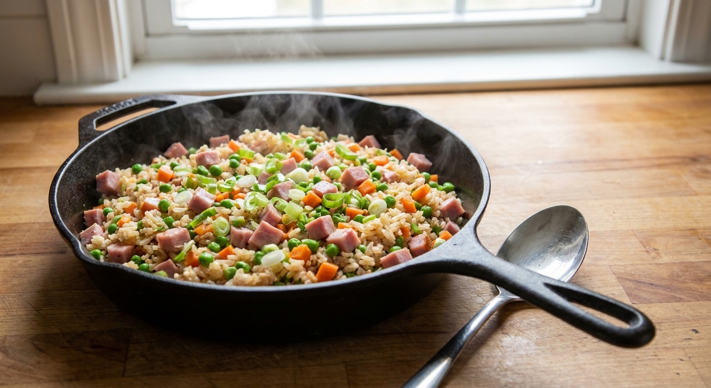 A steaming skillet of ham fried rice with diced ham, peas, carrots, and green onions, photographed on a wooden kitchen counter with a spoon resting nearby