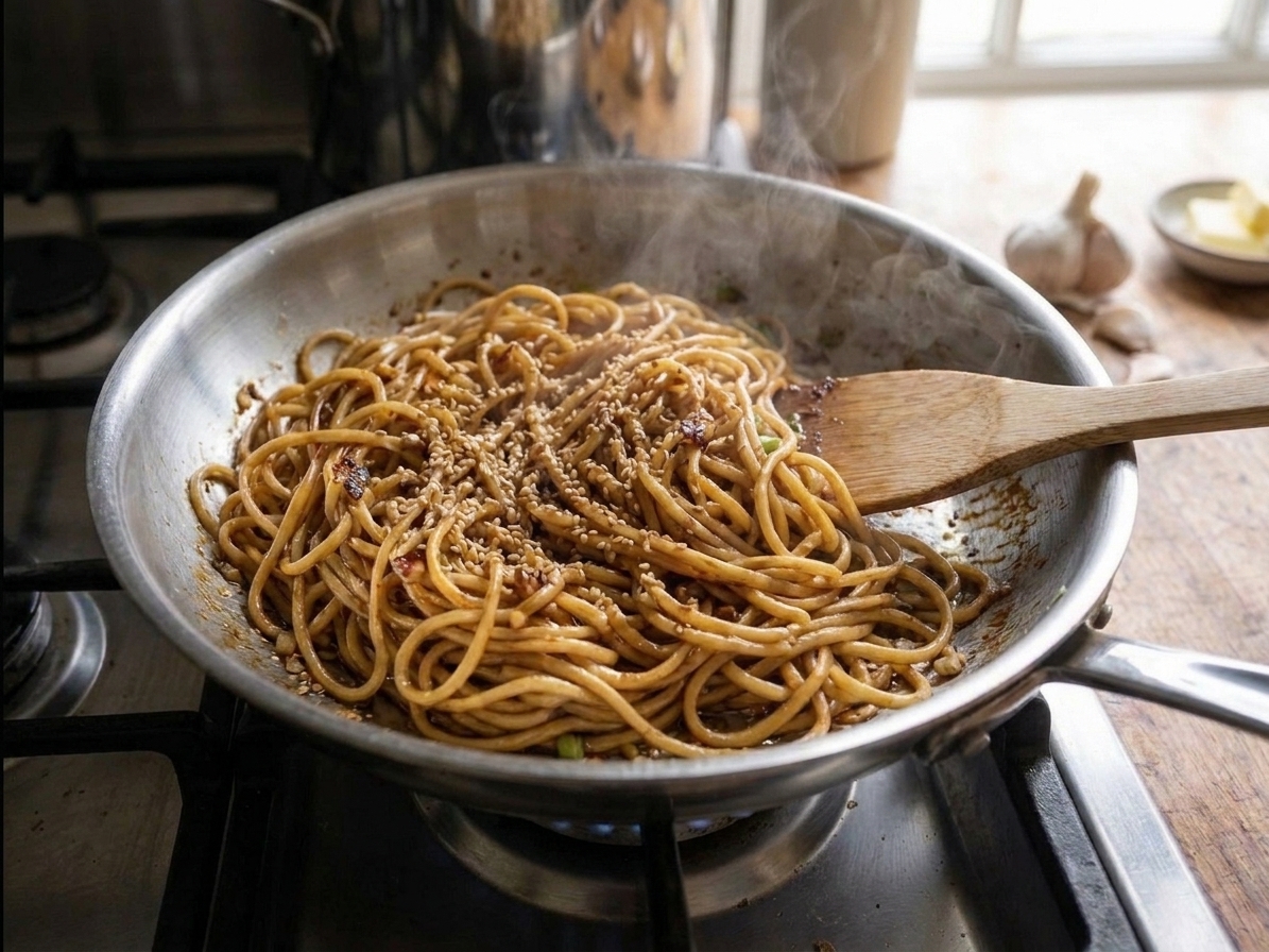 A steaming skillet of hibachi-style noodles glossy with soy-butter sauce, with browned edges and sesame seeds, on a home kitchen stove under warm lighting