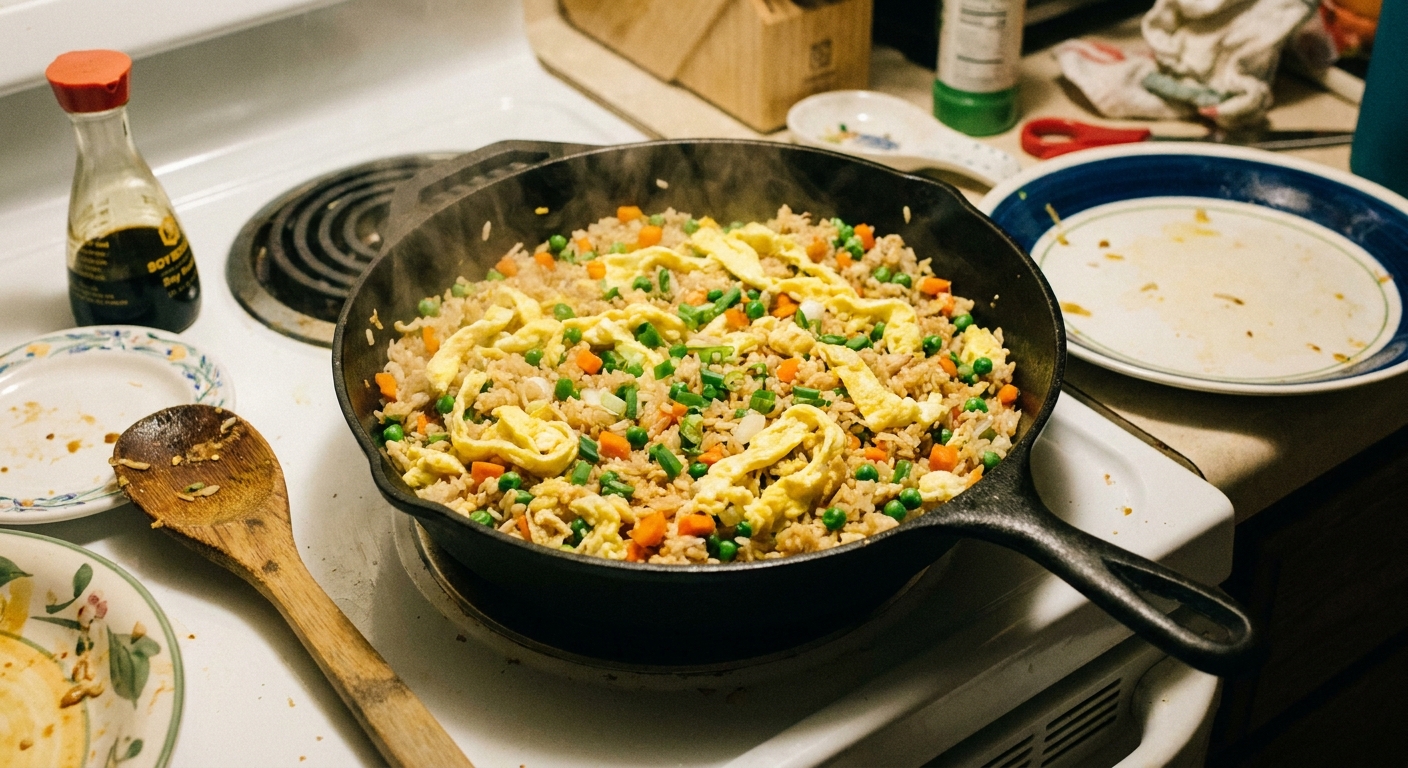 A steaming skillet of homemade fried rice with scrambled egg ribbons, peas, carrots, and green onions, photographed as a real weeknight dinner on a kitchen counter