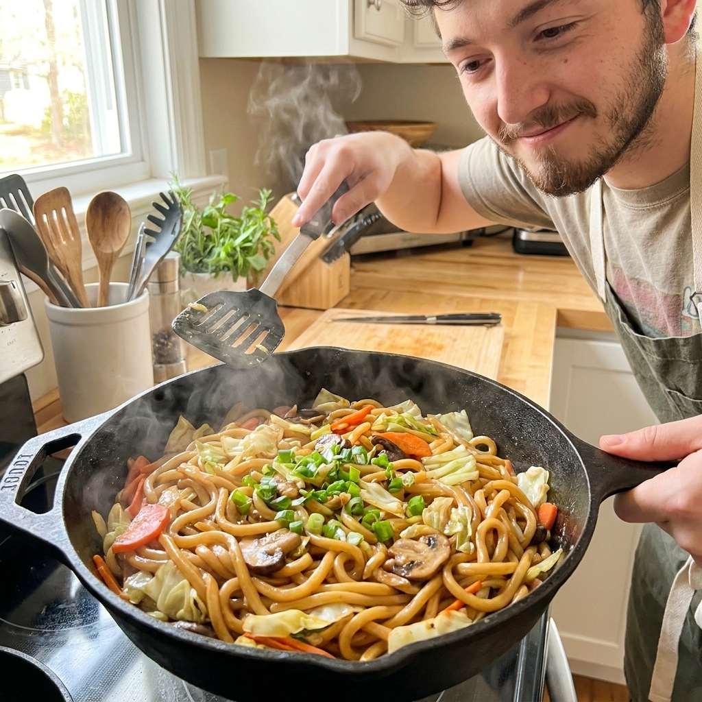 A steaming skillet of yaki udon with glossy thick noodles, sliced cabbage, carrots, and mushrooms, finished with scallions in a bright home kitchen, real food photography