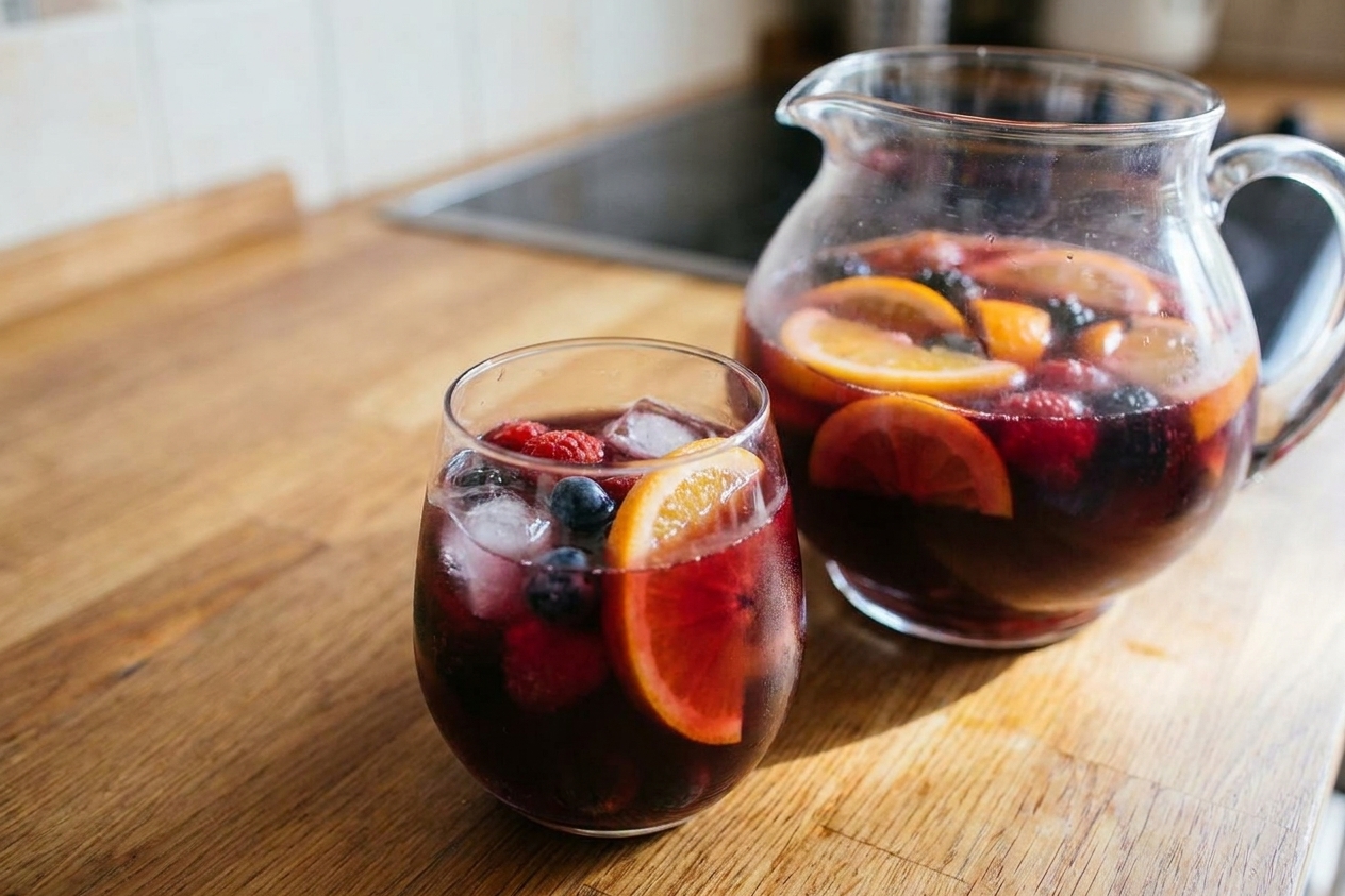 A stemless glass of red sangria with ice, an orange slice, and berries on a wooden table next to the pitcher in soft afternoon light