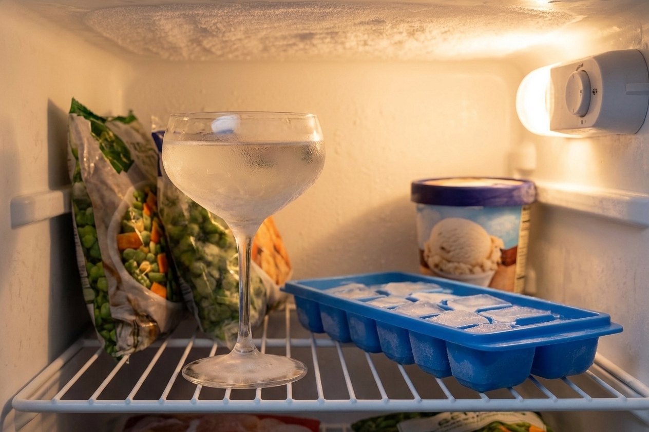 A stemmed martini glass chilling on a freezer shelf next to an ice cube tray, in a real home kitchen