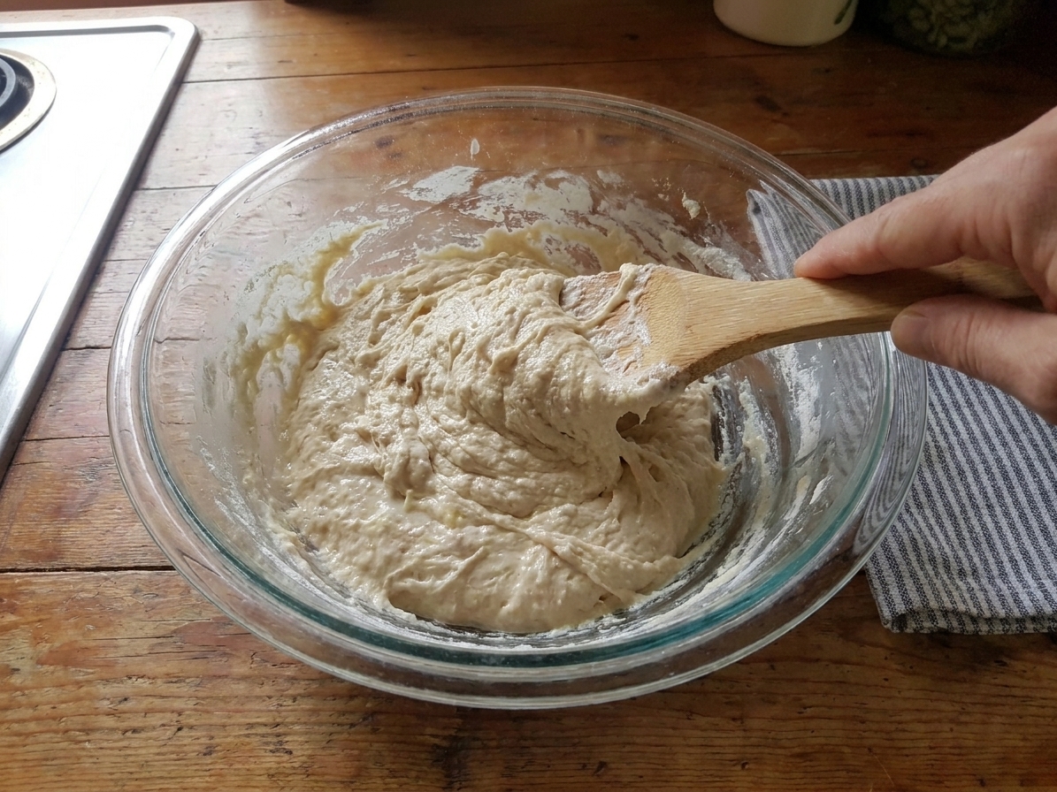 A sticky dough being mixed in a large glass bowl with a wooden spoon on a kitchen counter