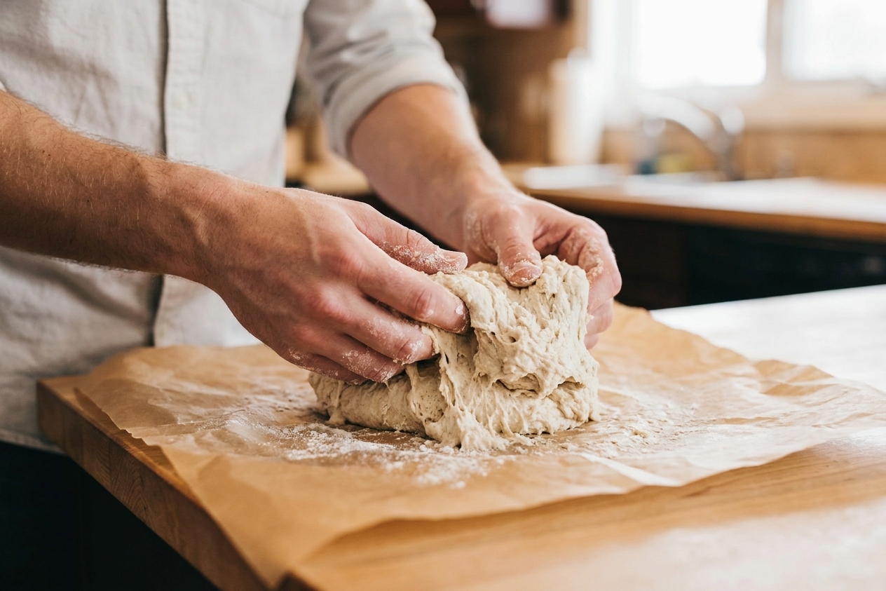 A sticky no-knead dough being folded on parchment paper into a rough round