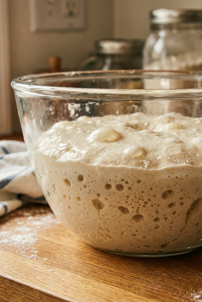 A sticky pizza dough in a glass bowl midway through rising with visible bubbles