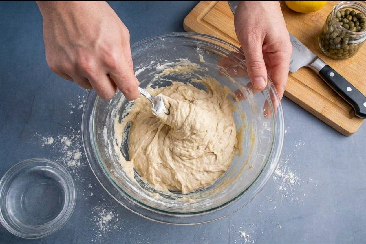 A sticky seitan dough being mixed in a glass bowl with a fork on a kitchen counter
