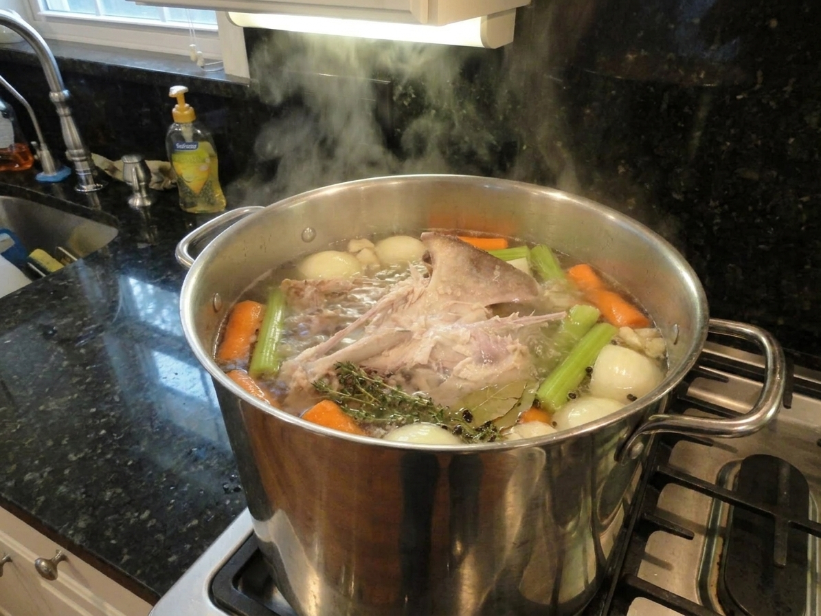 A stockpot at a gentle simmer with turkey bones and vegetables visible under the surface, steam rising softly in a home kitchen